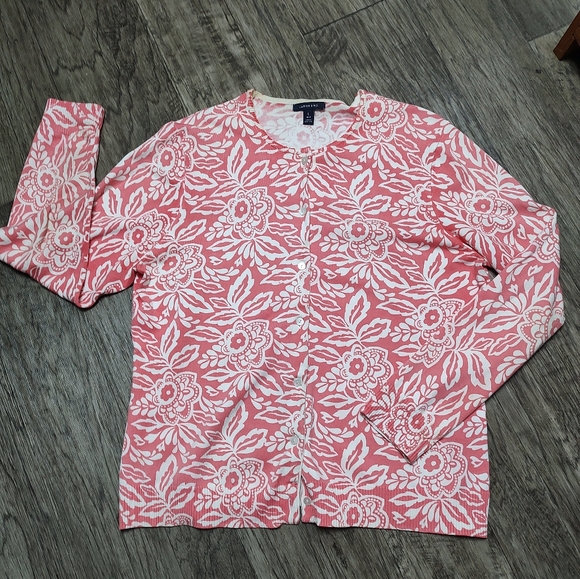 Lands End peachy color floral button front cardigan sweater Size L - Picture 5 of 12